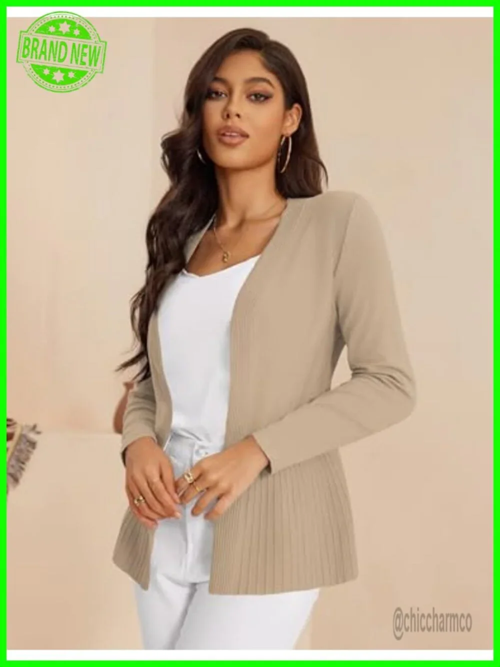 Viscose Blend Ribbed Knit Open Front Cardigan Sweater Business Casual Office
